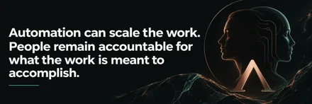Automation can scale the work. People remain accountable for what the work is meant to accomplish.