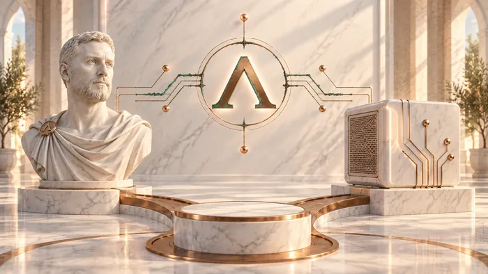 A marble human bust and computing module connect through copper paths to a shared platform, beneath the Adaptiv Stratum mark, representing human direction and machine capability within a controlled system.