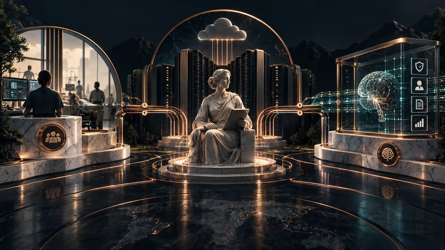 Marble and copper illustration connecting healthcare operations, cloud and server infrastructure, and governed artificial intelligence around a central figure representing human oversight.