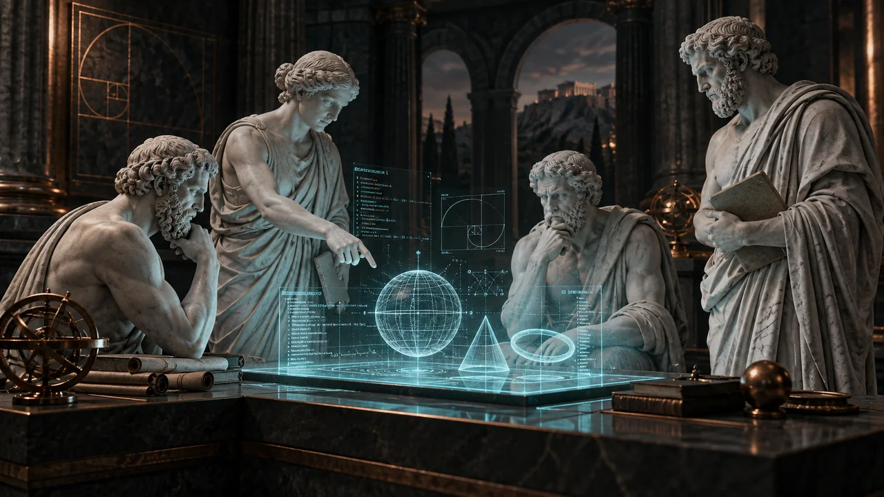 Greek marble advisor statues study a glowing digital model with mathematics and code