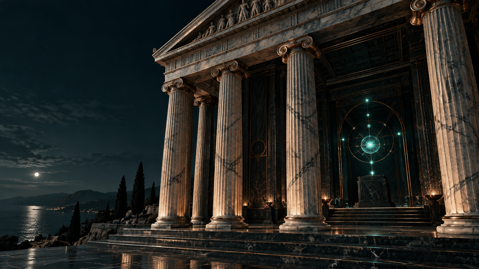 Greek temple colonnade with a teal geometric advisory network inside a dark marble chamber