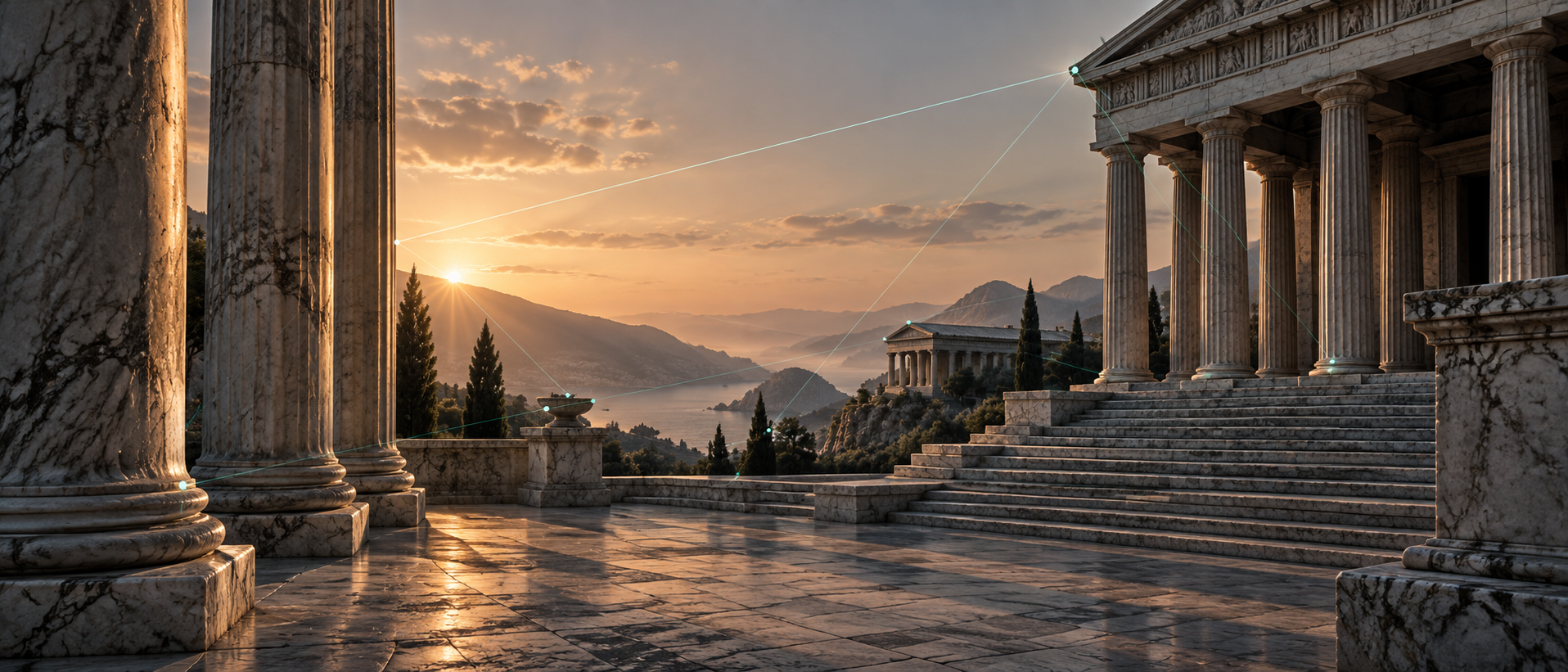 Greek temple courtyard with a restrained teal network linking architectural points