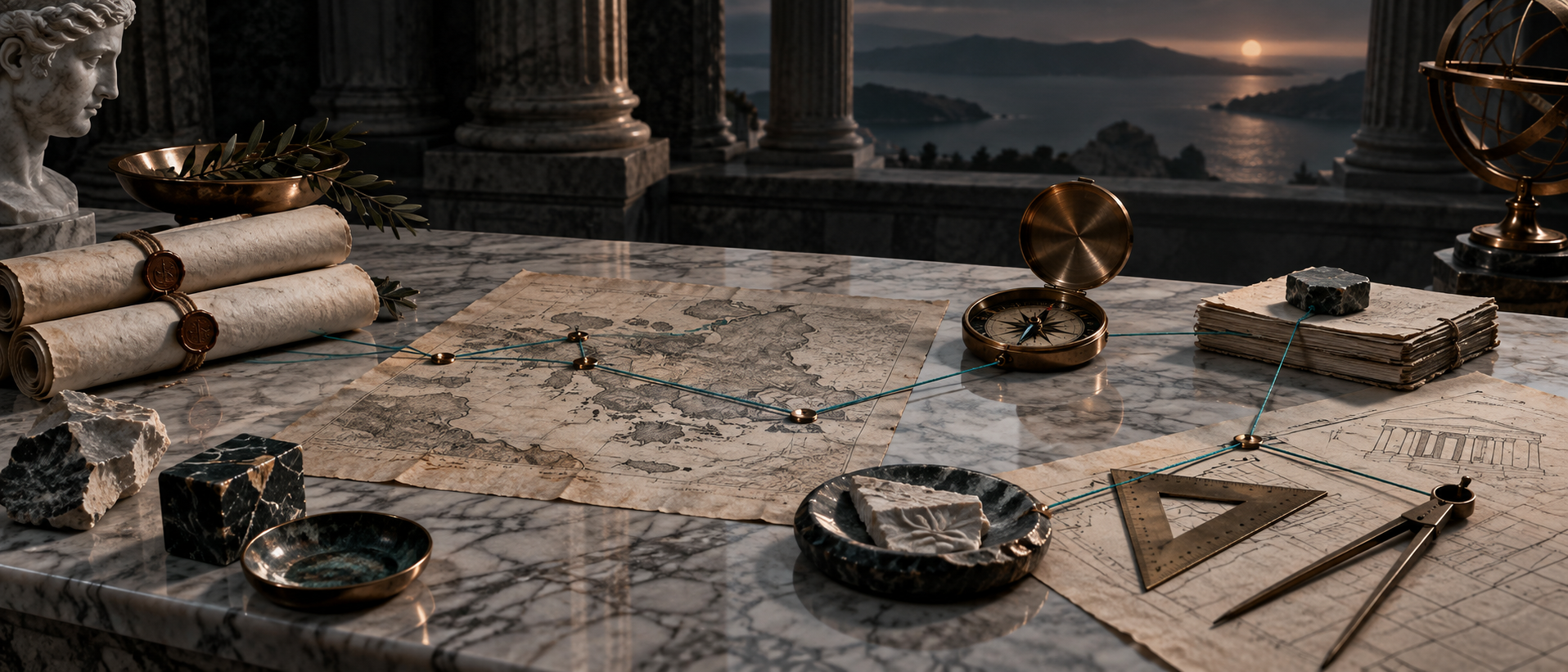 Greek marble archive table with scrolls, maps, measuring tools, and a copper compass