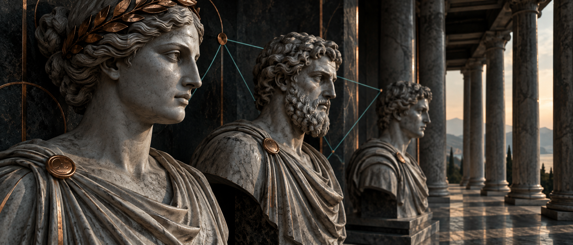 Greek stoa with three marble specialist busts connected by a subtle teal network