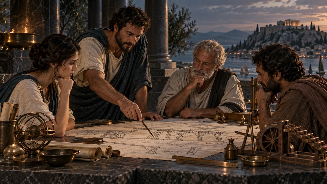 Lifelike Greek engineers collaborate around a technical plan at a stone table