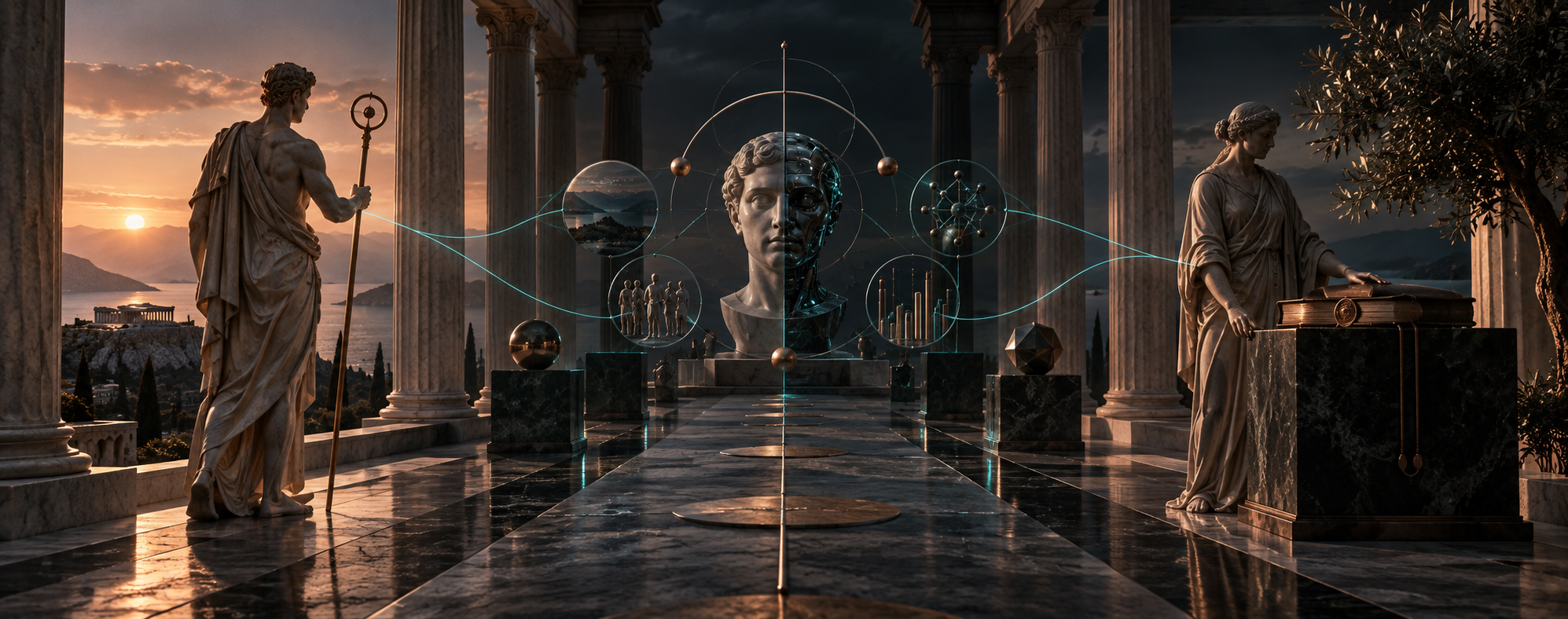 Conceptual artwork of human specialists and supervised AI working within one operating system