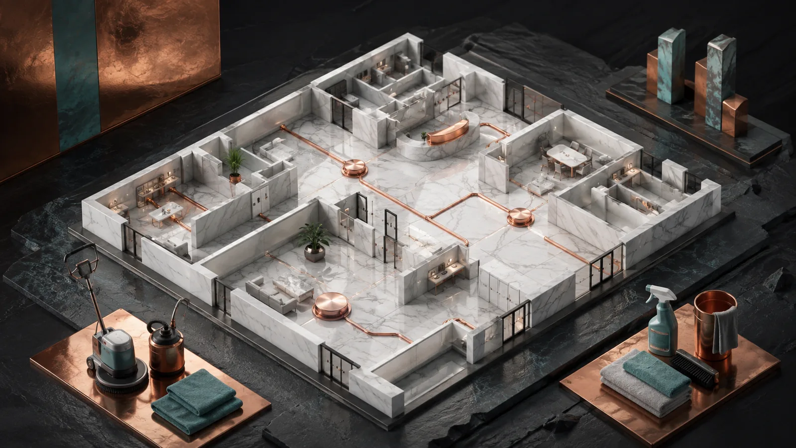 Marble commercial floor plan connecting cleaning work and quality review