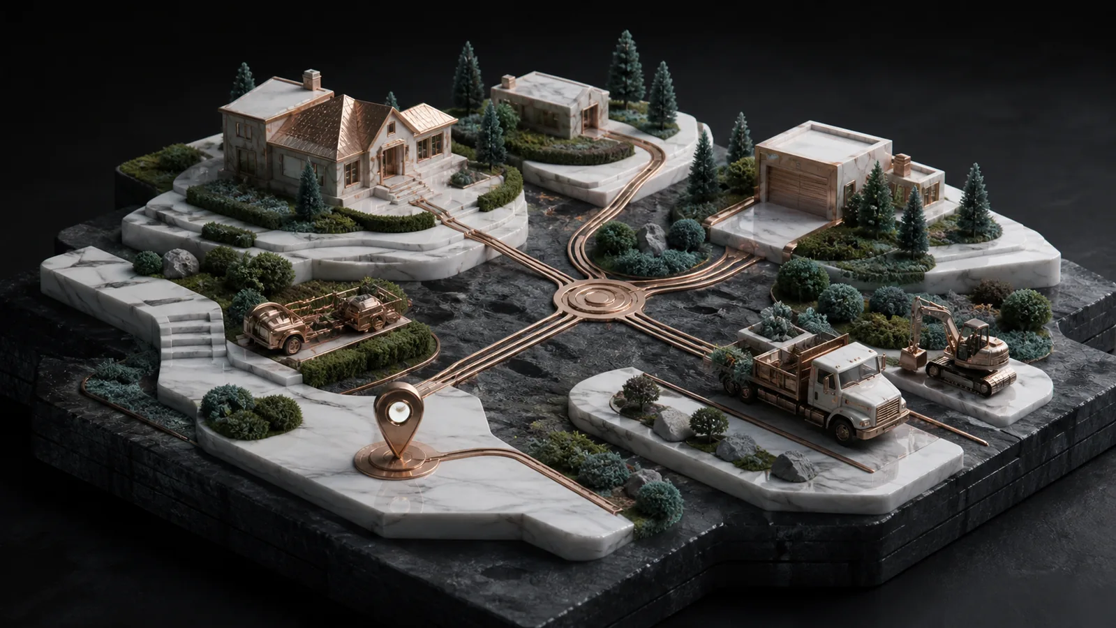 Landscaped marble properties joined by copper crew and equipment routes