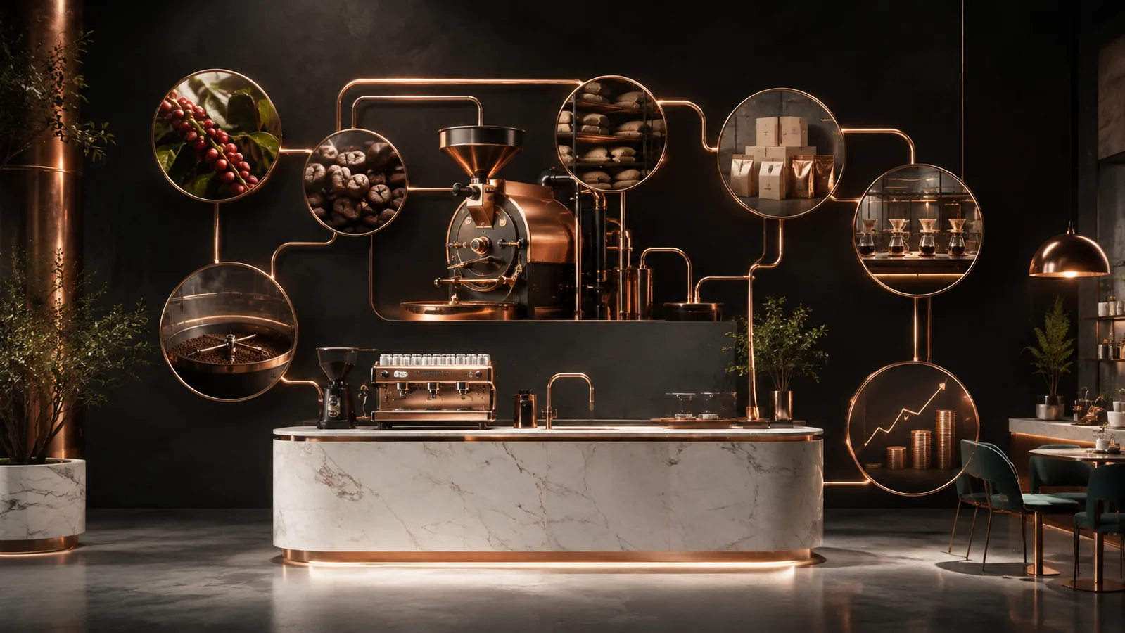 Copper coffee operation connecting sourcing, roasting, retail, and wholesale