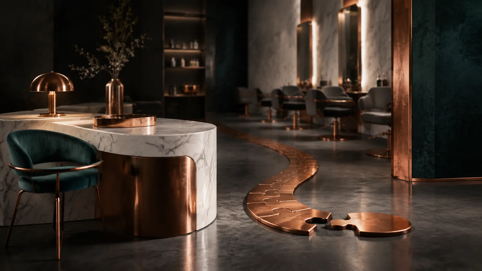 Salon checkout with an incomplete copper path toward a future appointment