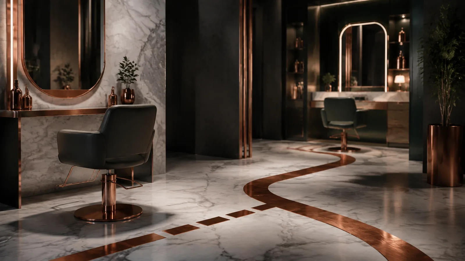 Empty salon chair with a broken copper path rerouted toward an open station