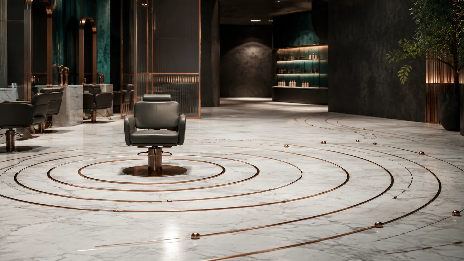 Salon chair surrounded by copper booking rhythms that gradually drift apart