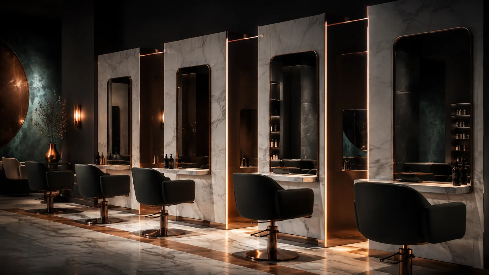 Salon chairs arranged like appointments with copper light revealing hidden gaps
