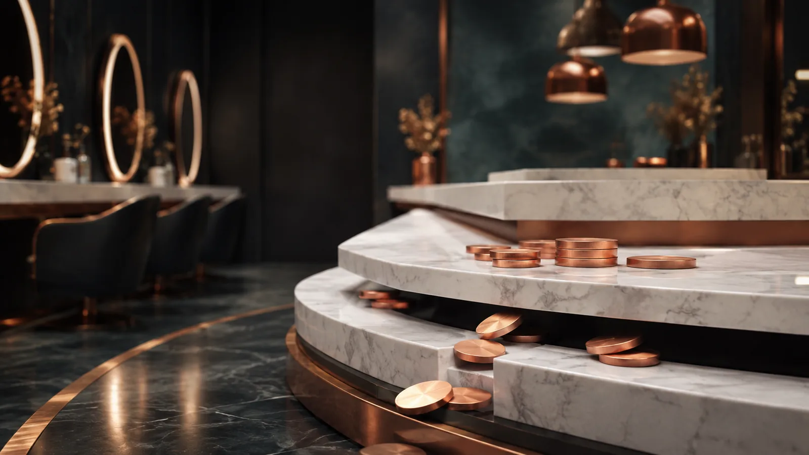 Copper value pieces slipping through gaps in layered marble service platforms