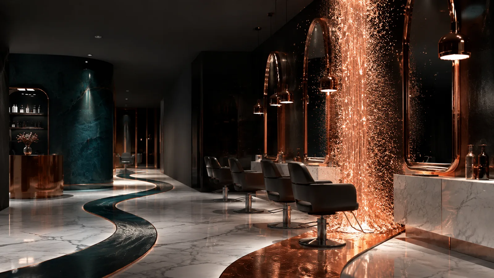 Bright salon sales flow beside a thinning copper path of returning clients