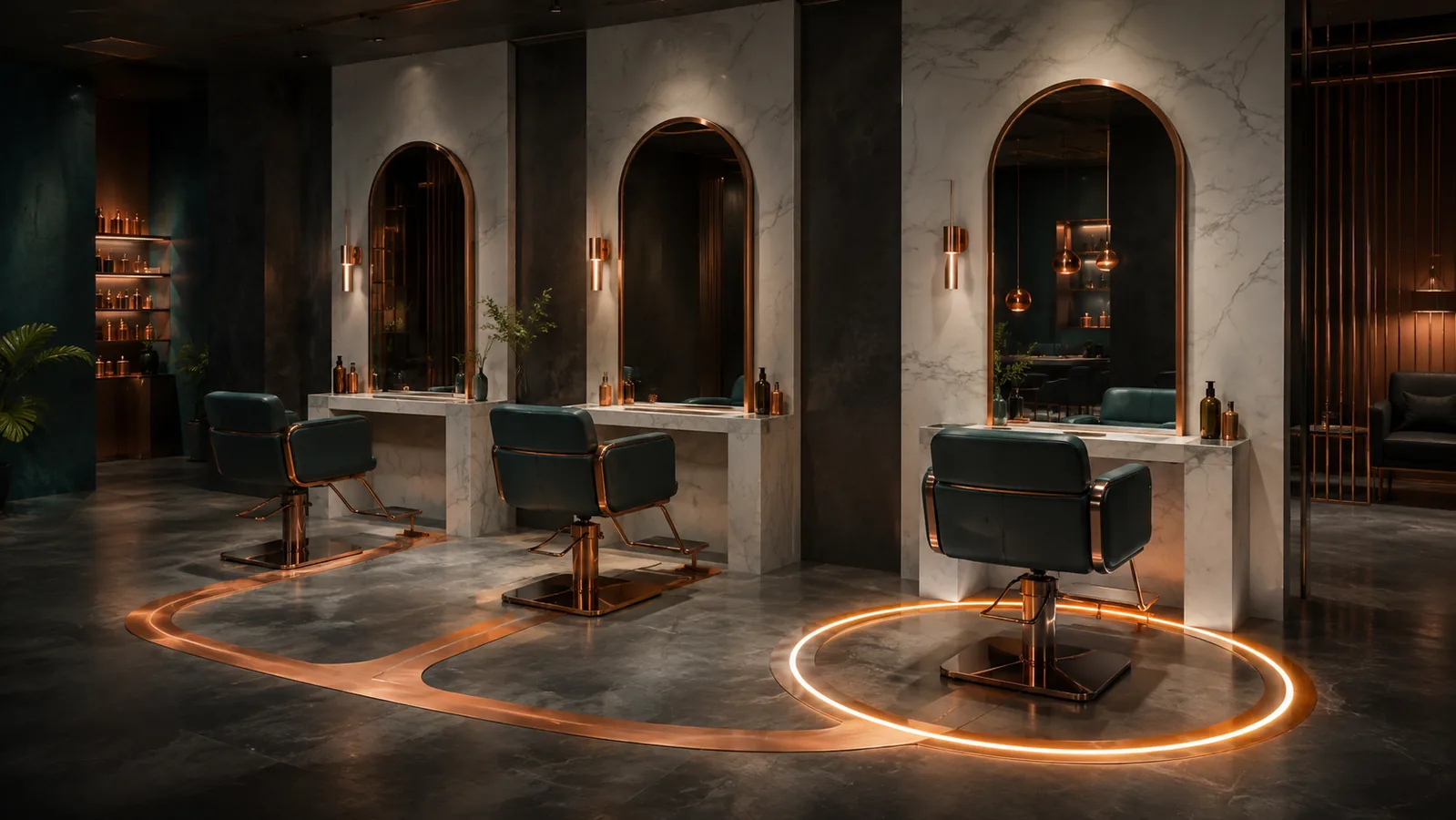 Three connected salon stations with a copper path stabilizing at the third visit
