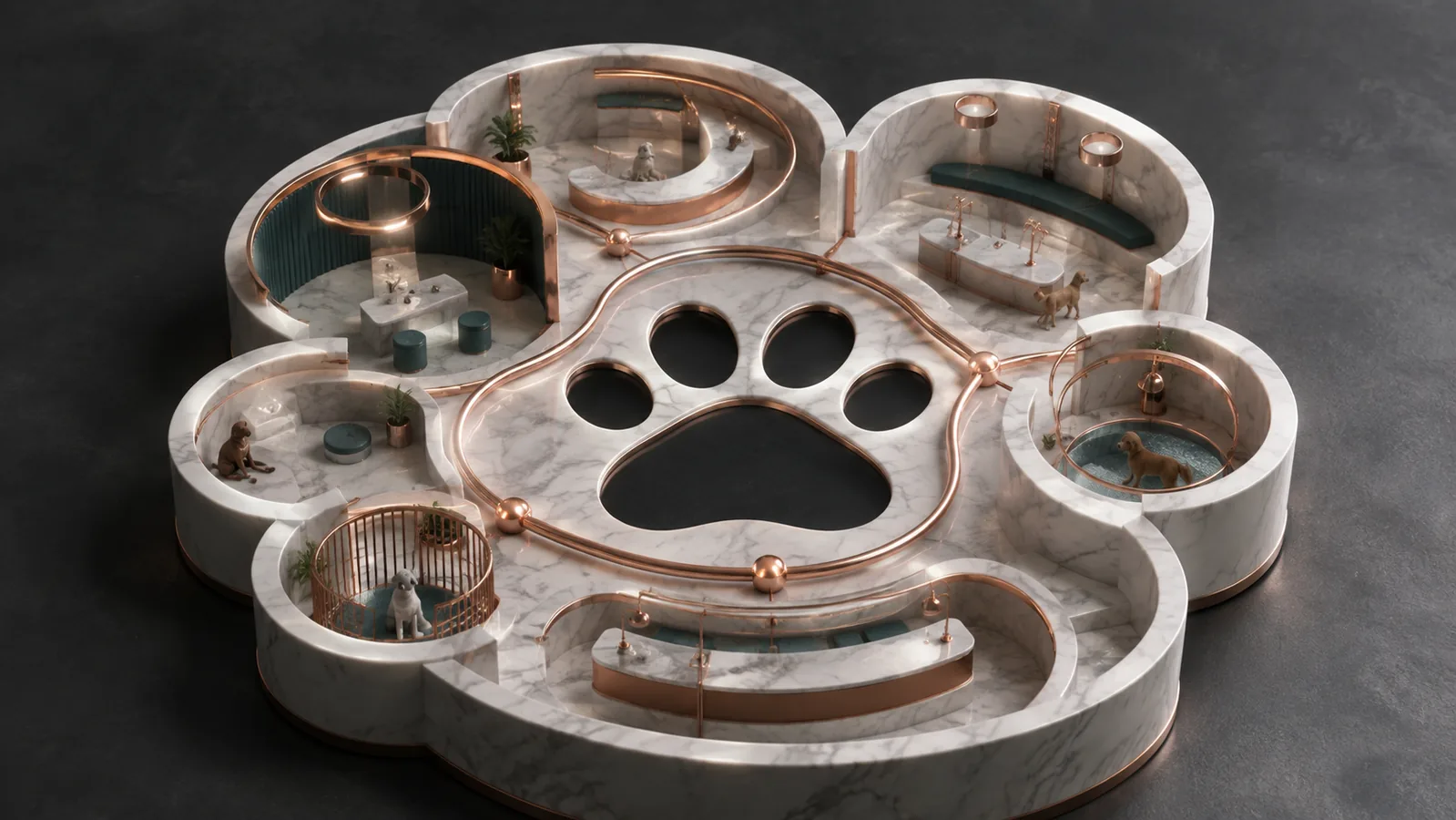 Marble pet-care facility with copper reservation and capacity pathways