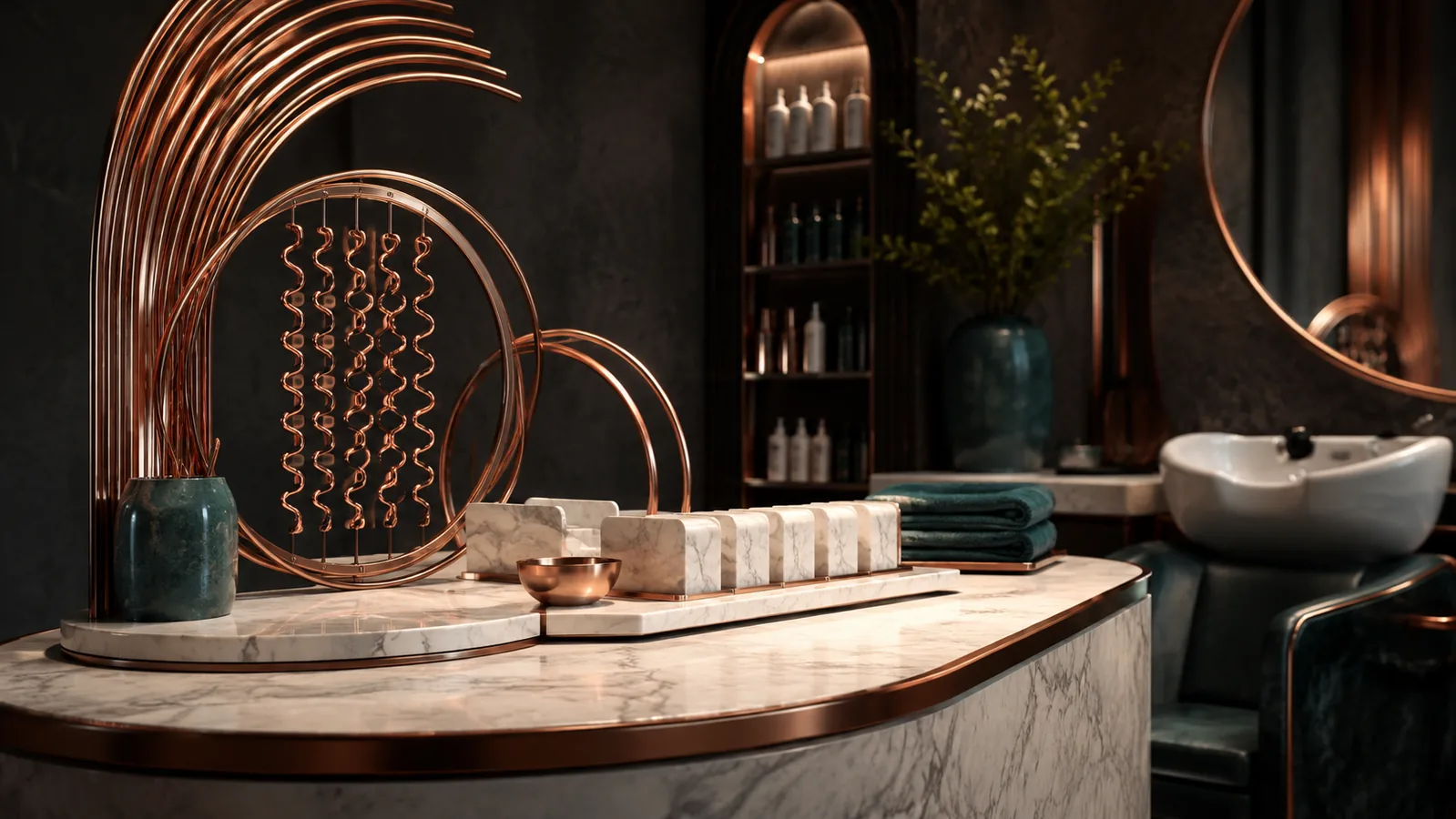 Salon station with sculptural copper curls and marble appointment blocks