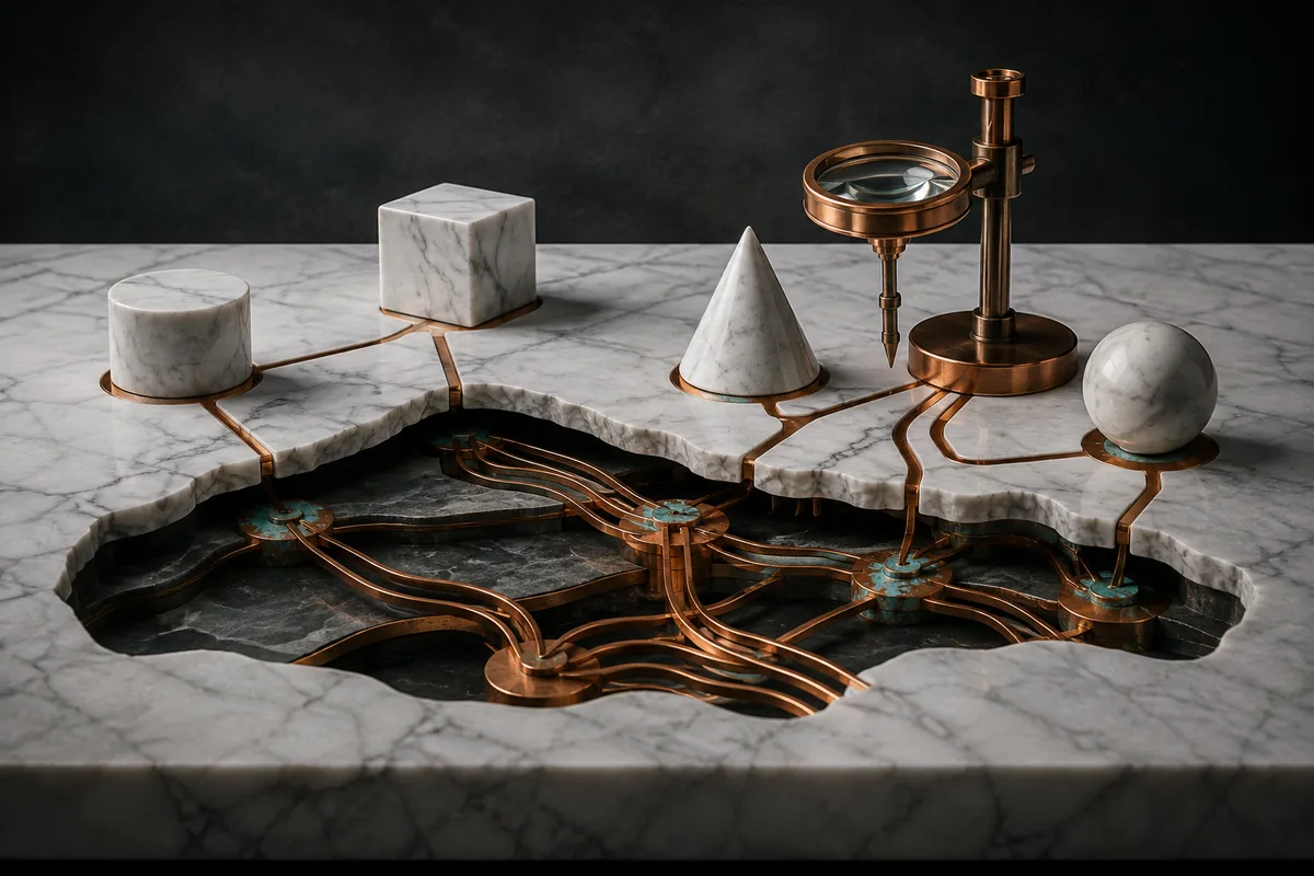 A copper instrument examining connected systems beneath a white marble operating surface