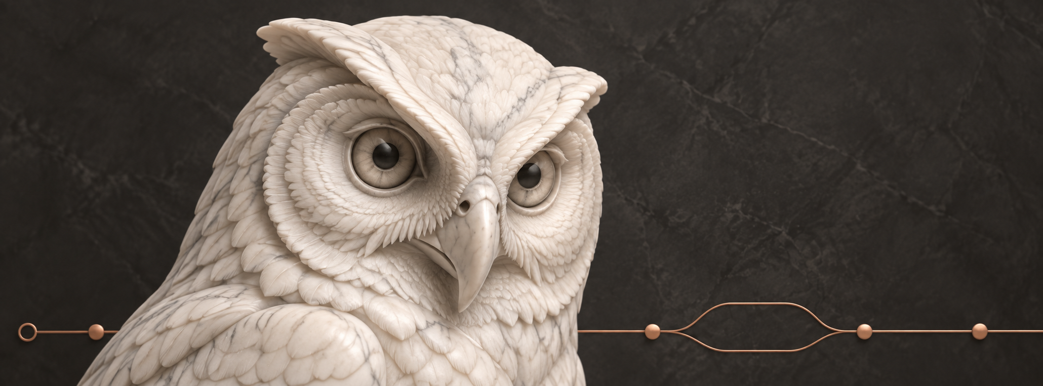 Close-up of a carved white marble owl head beside a copper workflow with a marked exception path
