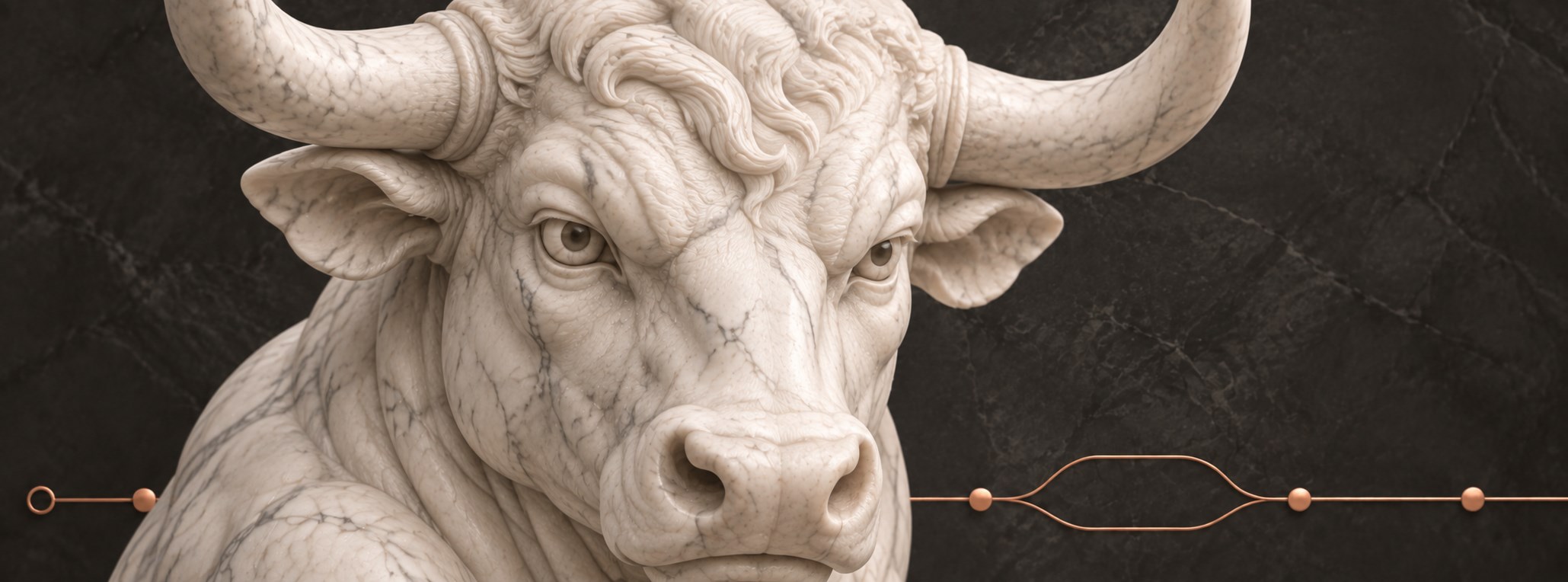 Close-up white marble bull head beside a copper line representing careful comparison