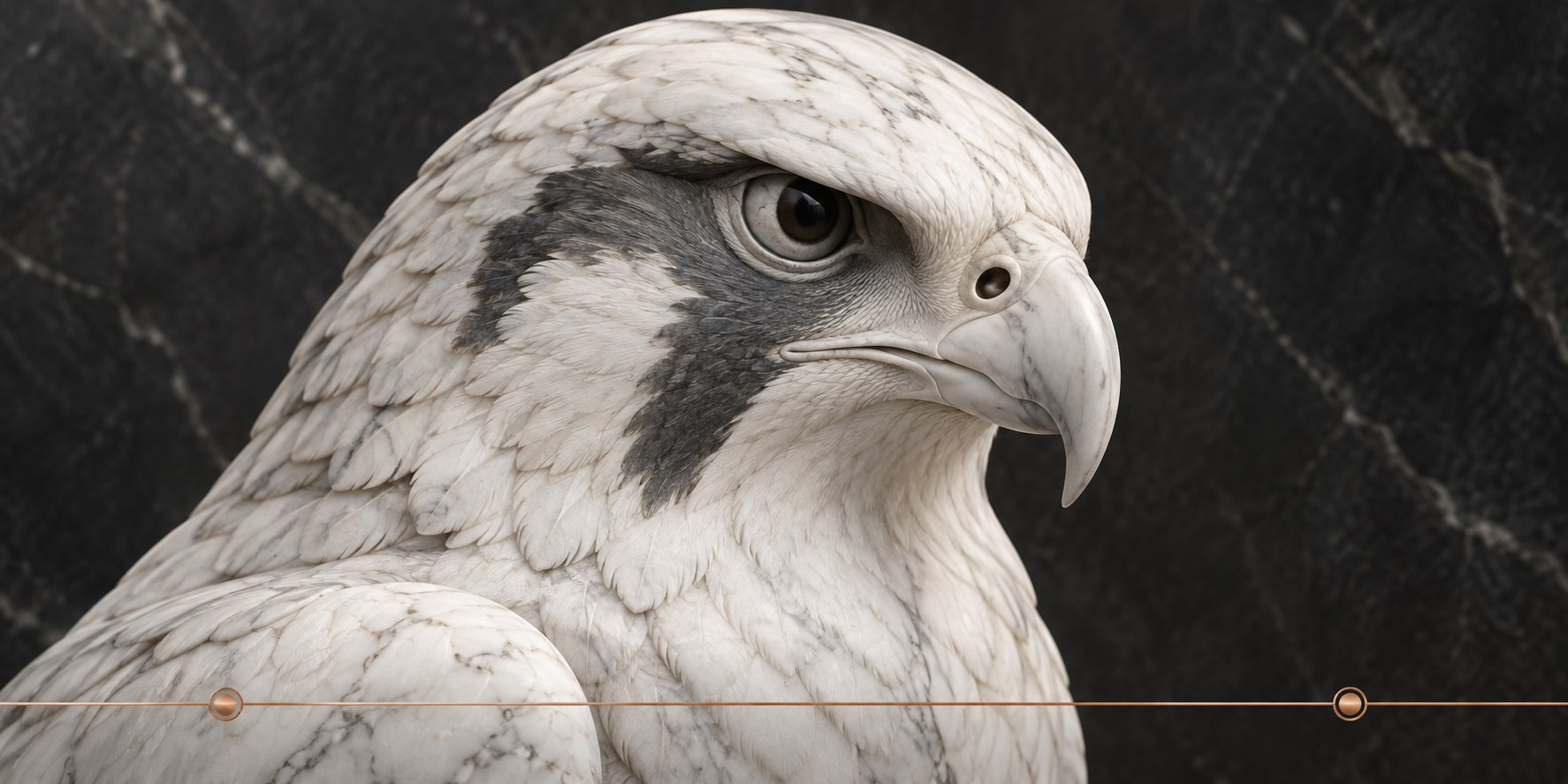 Close-up marble falcon with a focused gaze beside copper verification markers