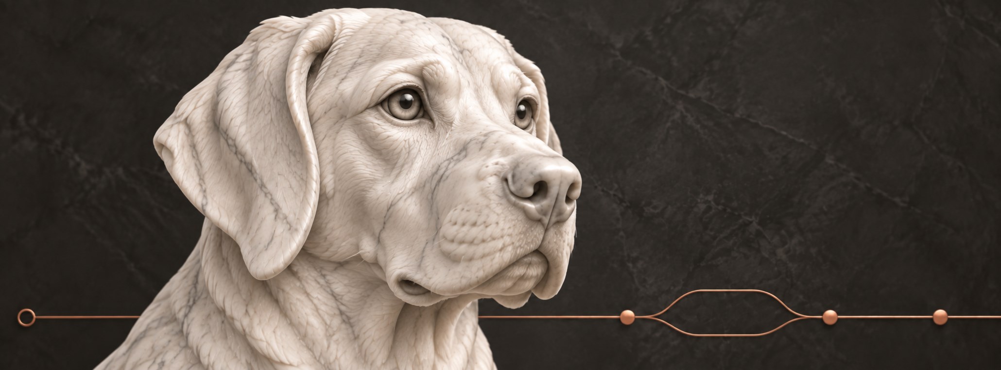 Close-up carved marble hound beside a copper checkpoint, representing dependable oversight