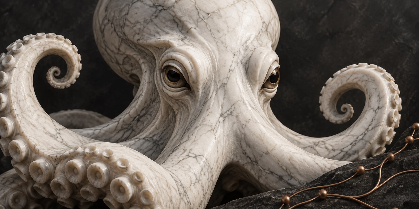 Close-up marble octopus with copper connections representing hidden dimensions in business data