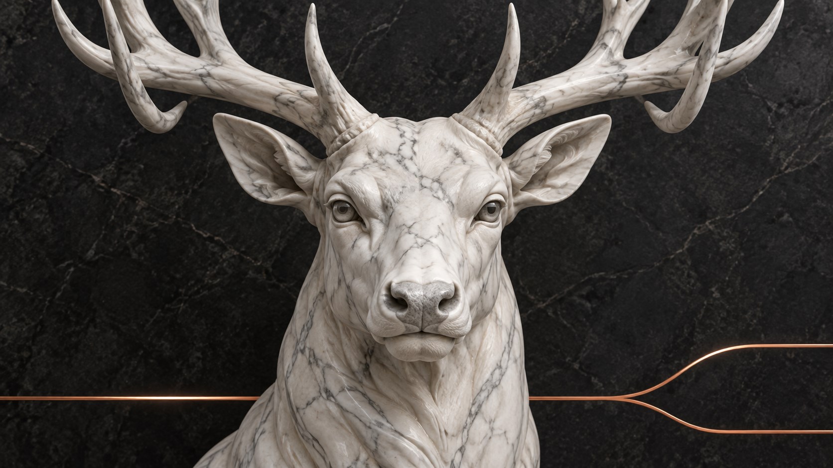 Close-up marble stag with branching antlers beside a copper control path