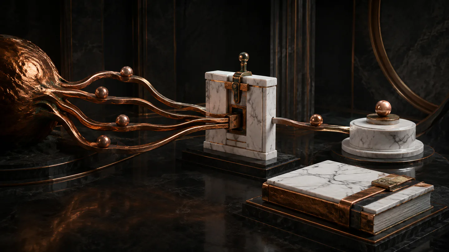 An abstract intelligent copper form proposing paths while a separate marble control gate authorizes one bounded action