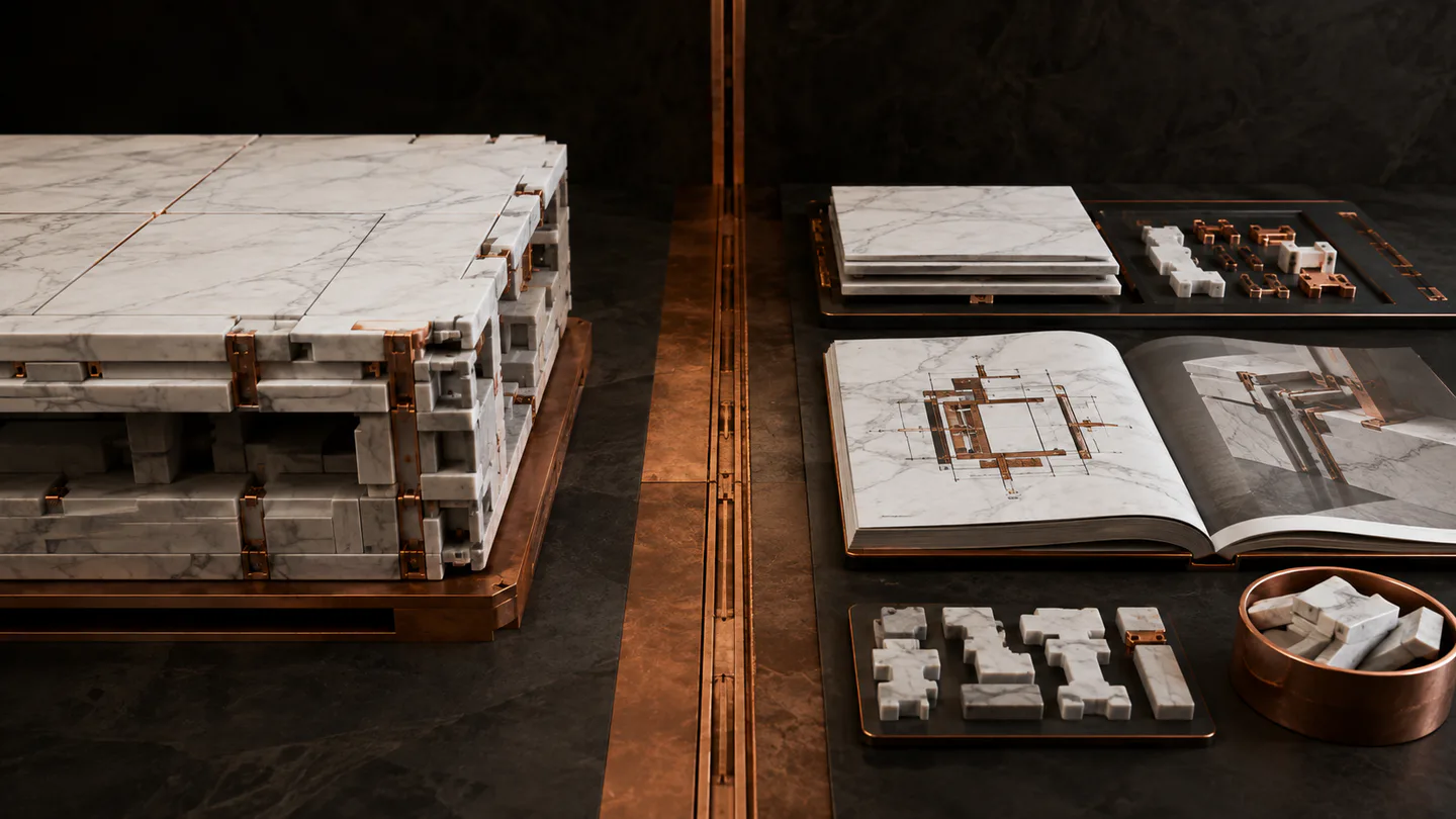 An engineered marble system crossing a copper handover threshold with an organized component atlas and ownership keys