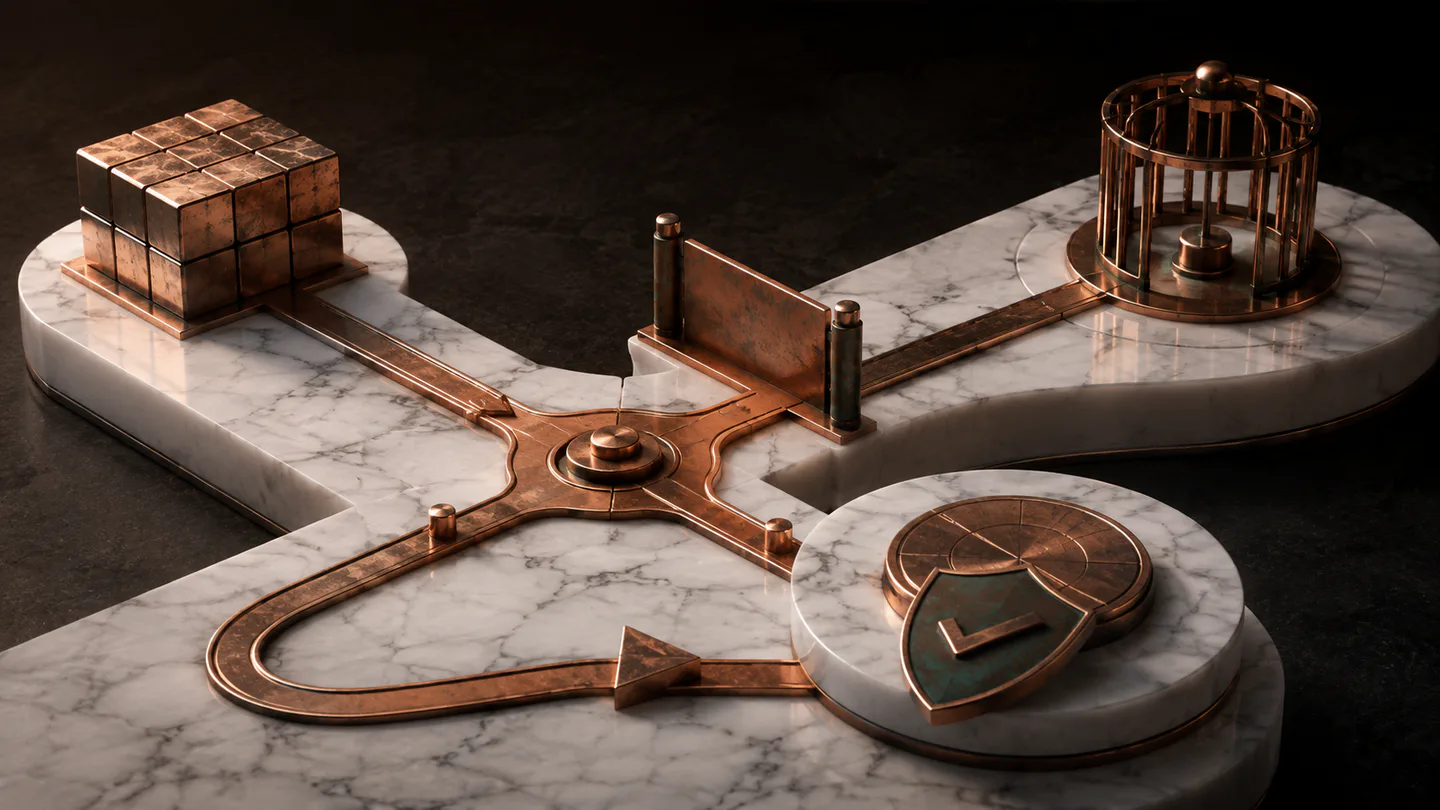 A reversible copper pathway with isolation gates and a stable return route across white marble