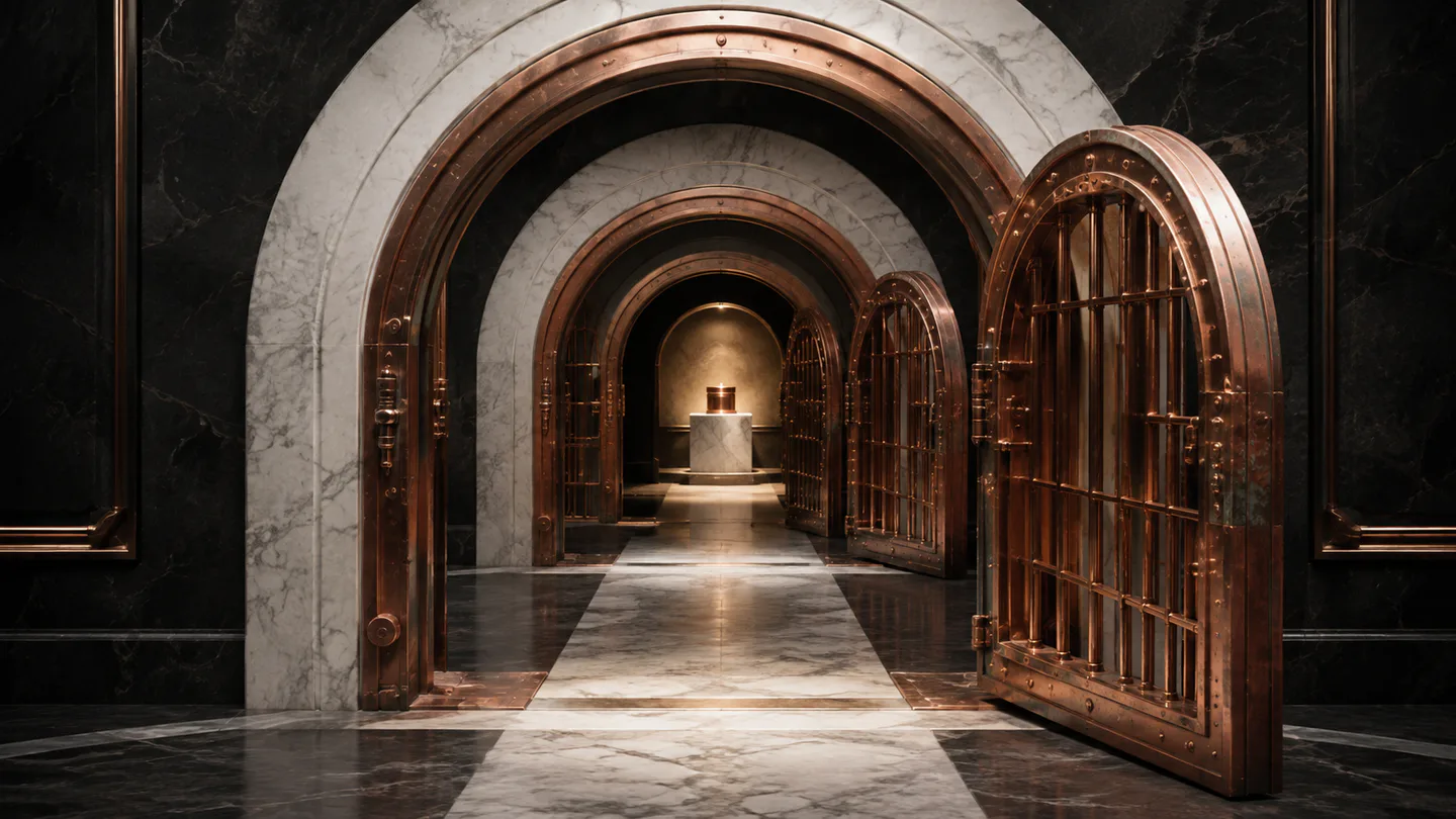 Nested copper gates limiting access to specific chambers within a refined marble vault