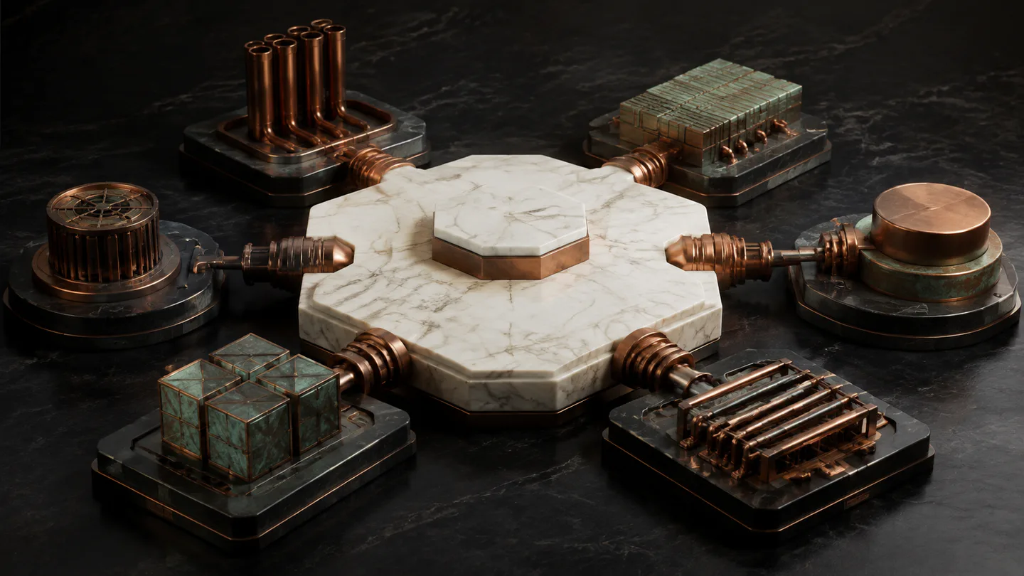A central marble operating platform connected through standard copper couplings to interchangeable external modules