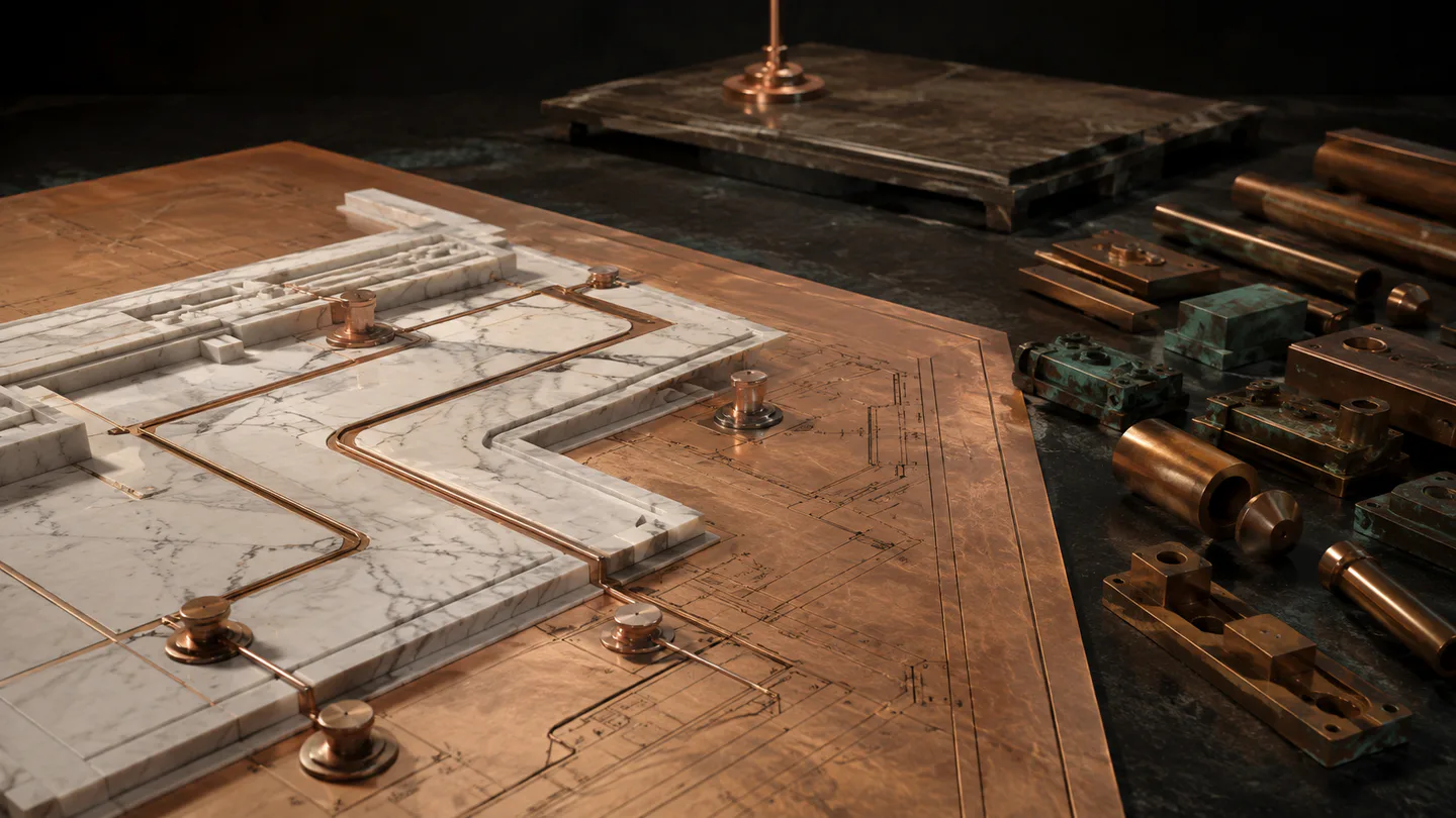 A measured marble foundation and copper blueprint established before technology components are selected