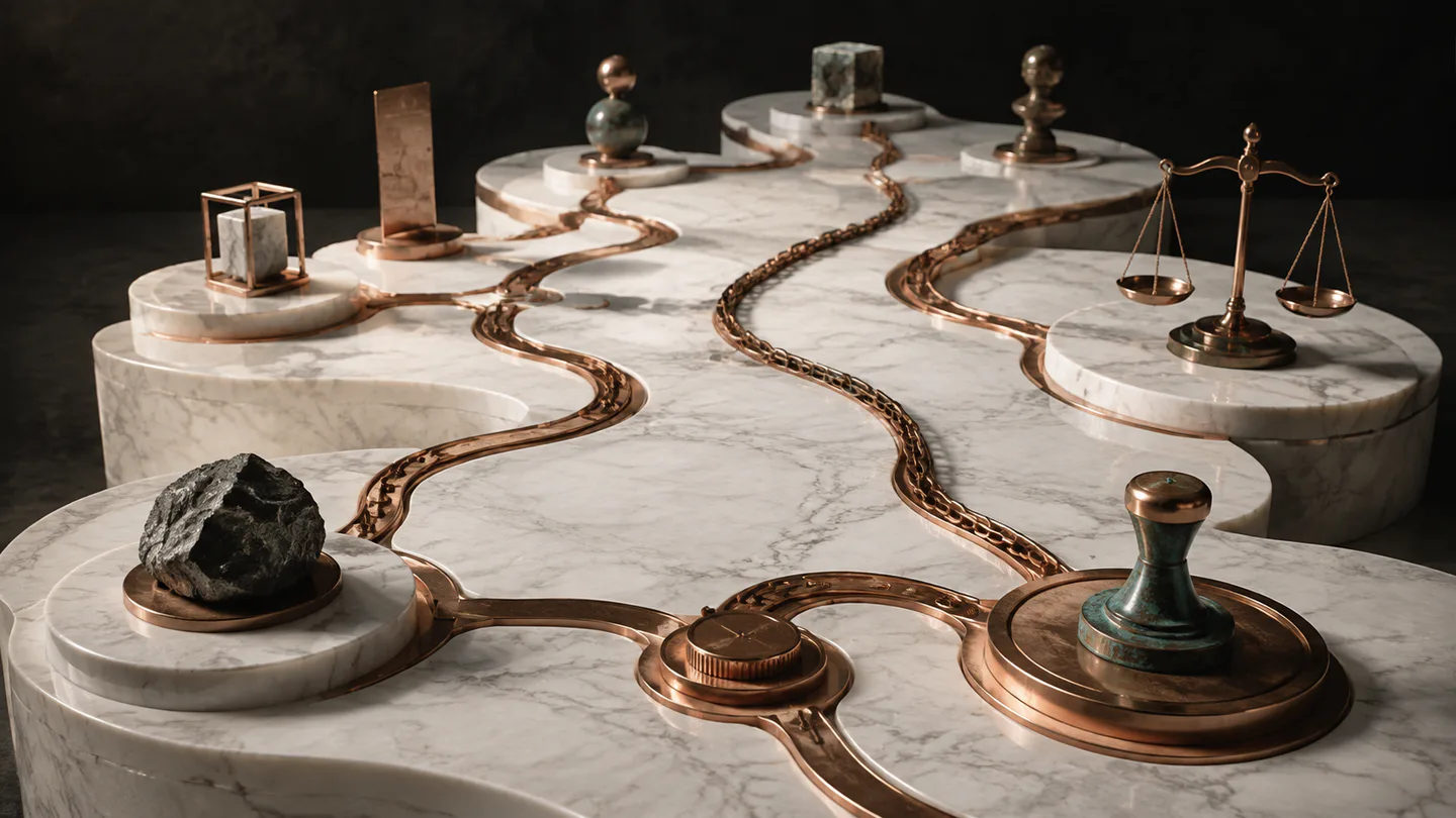 Copper decision paths etched into marble and connected to visible evidence markers