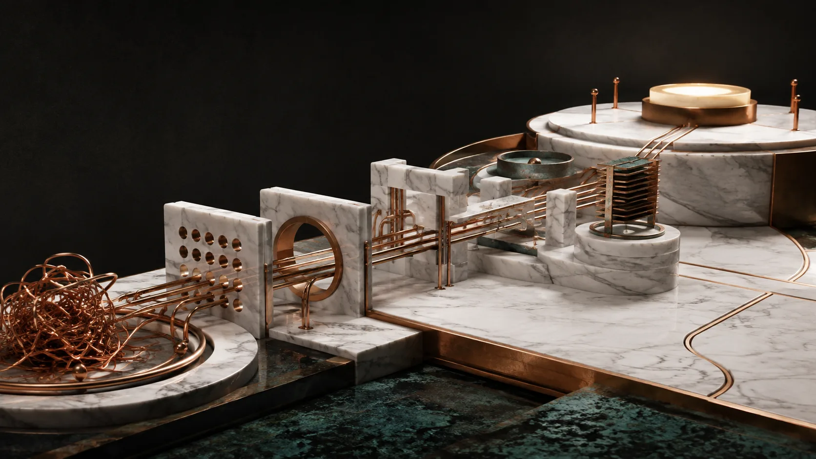 A complex copper pathway passing through structured marble controls into a stable engineered platform