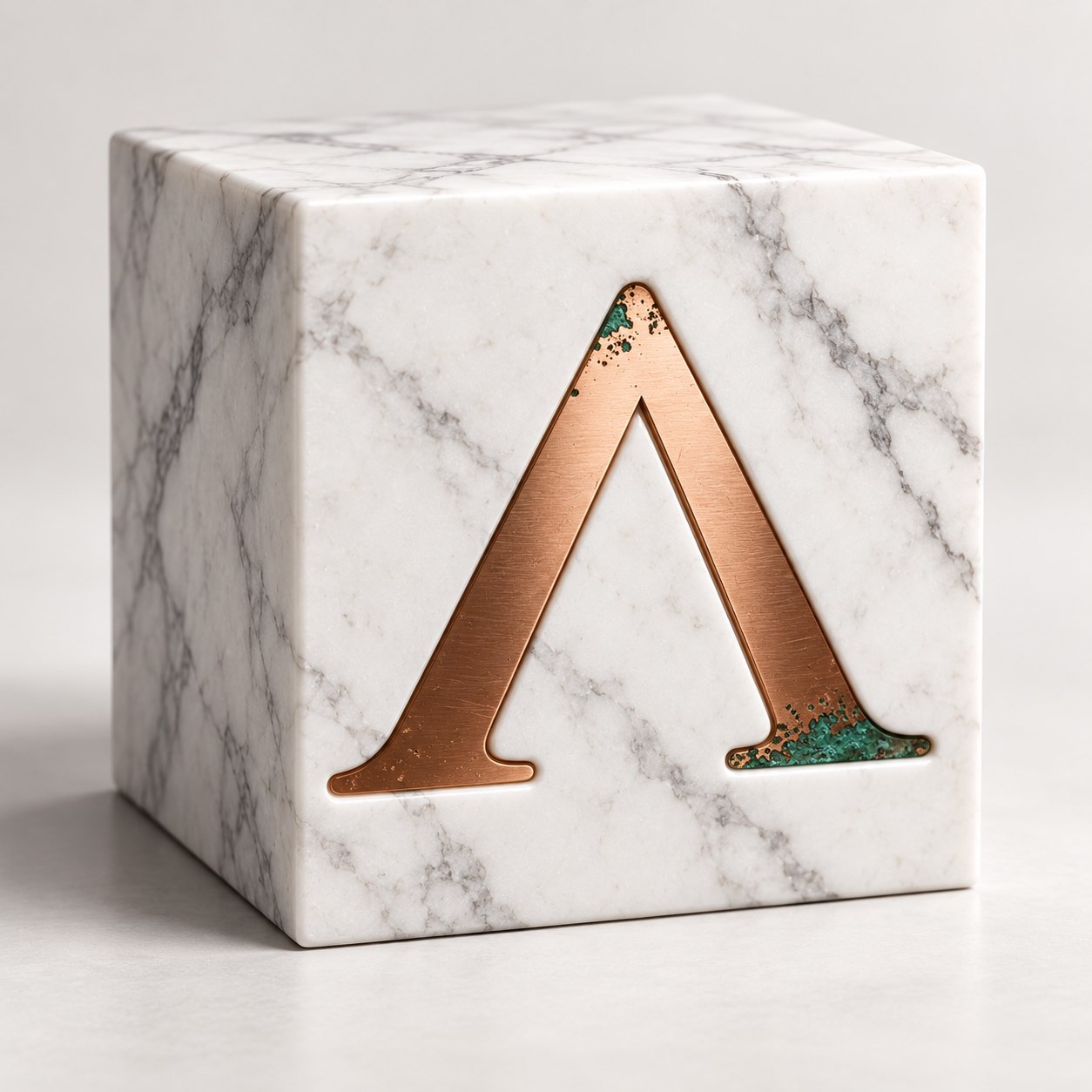 A copper Adaptiv Stratum mark set into a white marble cube, framed as a modern architectural object