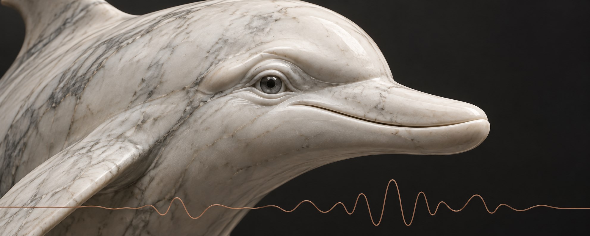 Close-up white marble dolphin with a copper sound-wave line