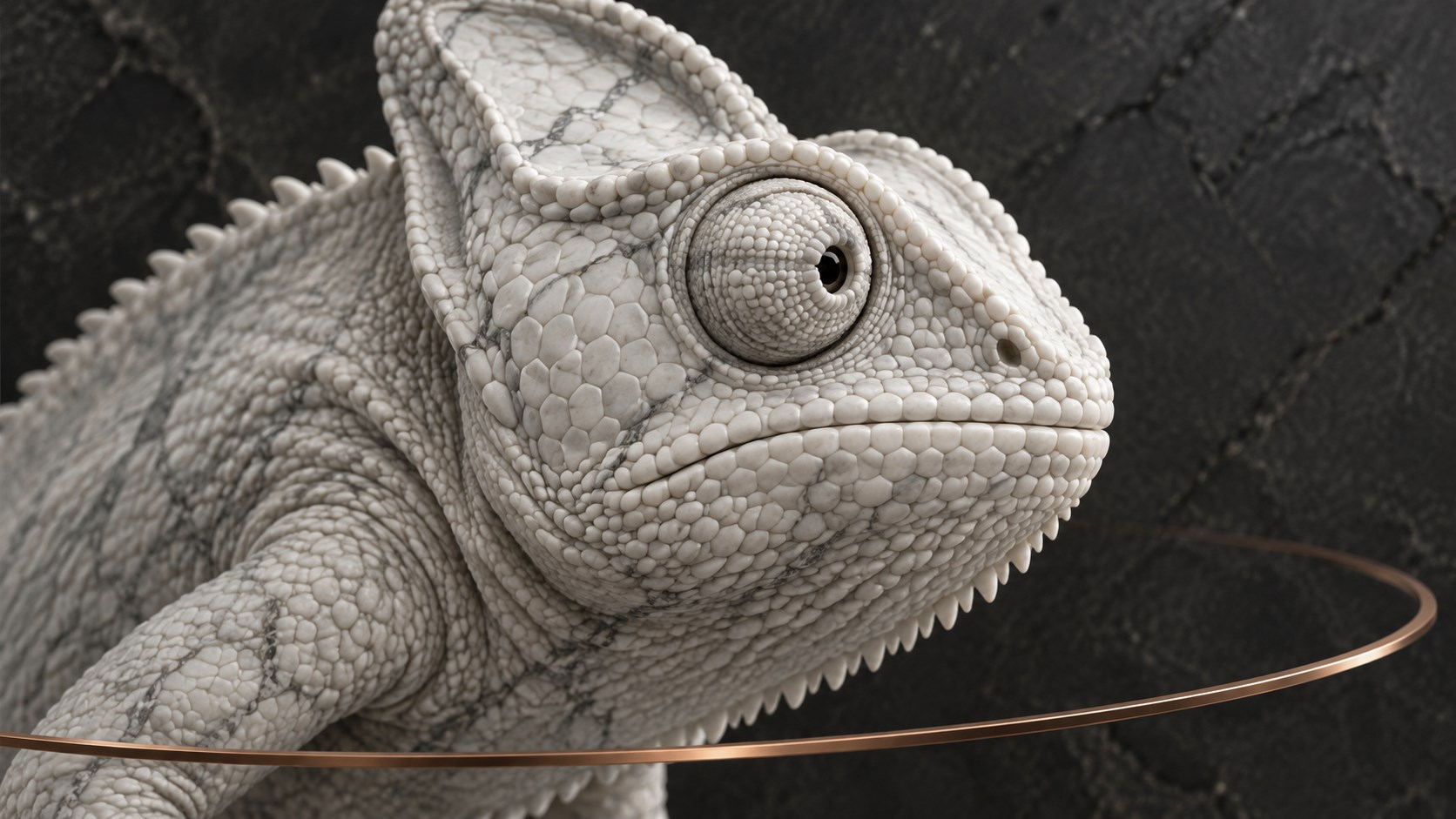 Close-up marble chameleon with a copper sensing ring