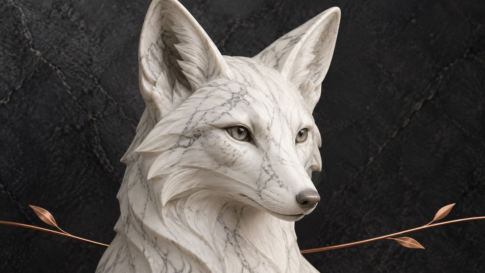 Close-up white marble fox with a copper line branching into coordinated paths