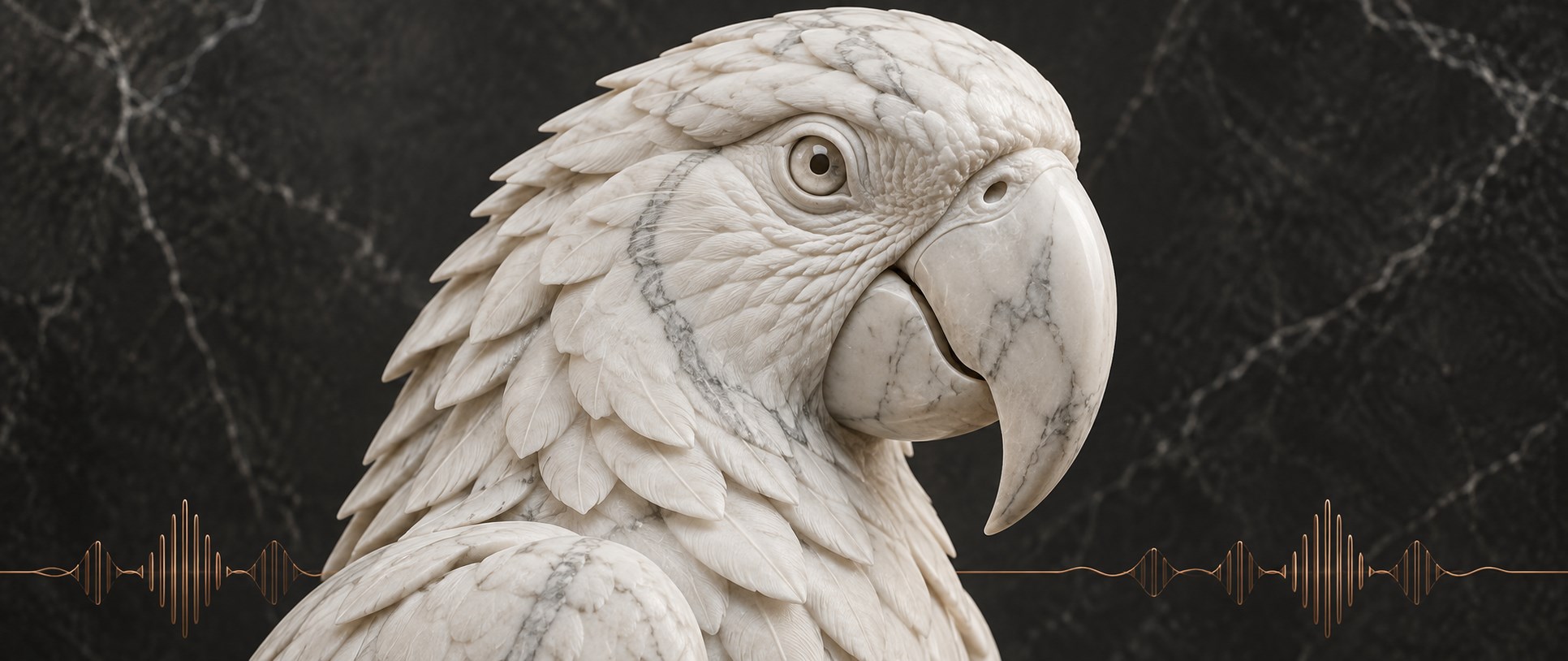 Close-up marble parrot head with a copper sound-wave line, representing intelligent voice operations