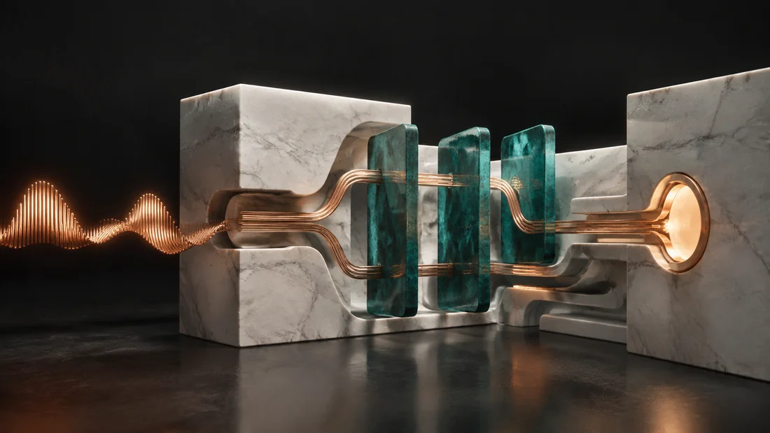A copper voice signal routed through a controlled marble system to an approved destination