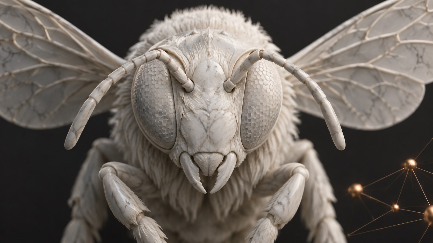 Close-up marble bee with copper network nodes, representing connected data sources