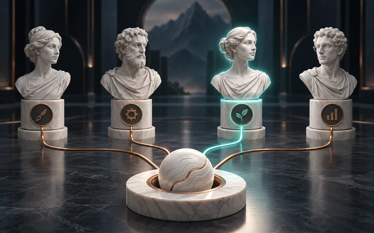 Four marble specialist portraits connect to a project; one fit is highlighted in teal