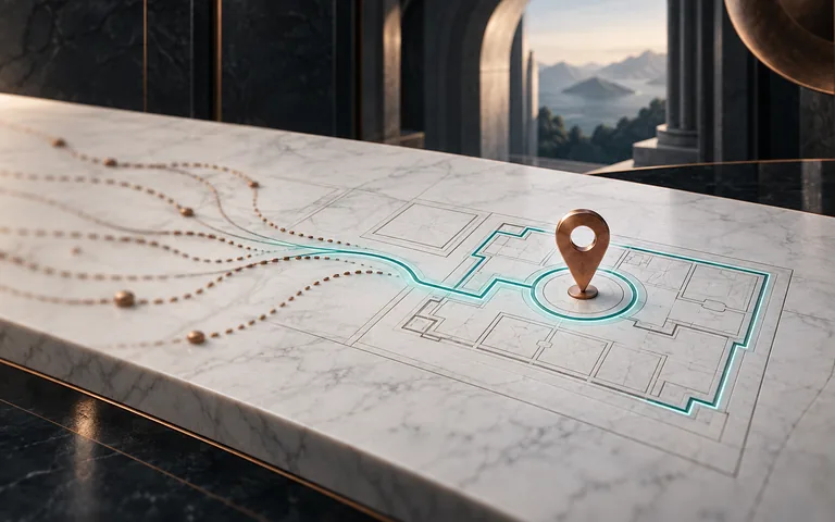 Copper pin marks one clearly scoped project on a marble plan