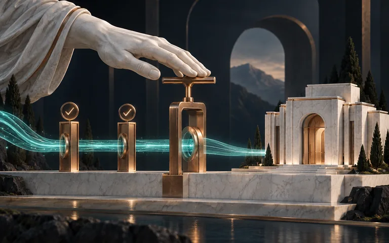 A human hand oversees copper checkpoints as a teal signal reaches the completed work