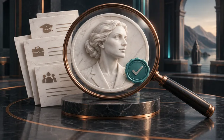 A specialist's profile and credentials are examined through a copper magnifying glass