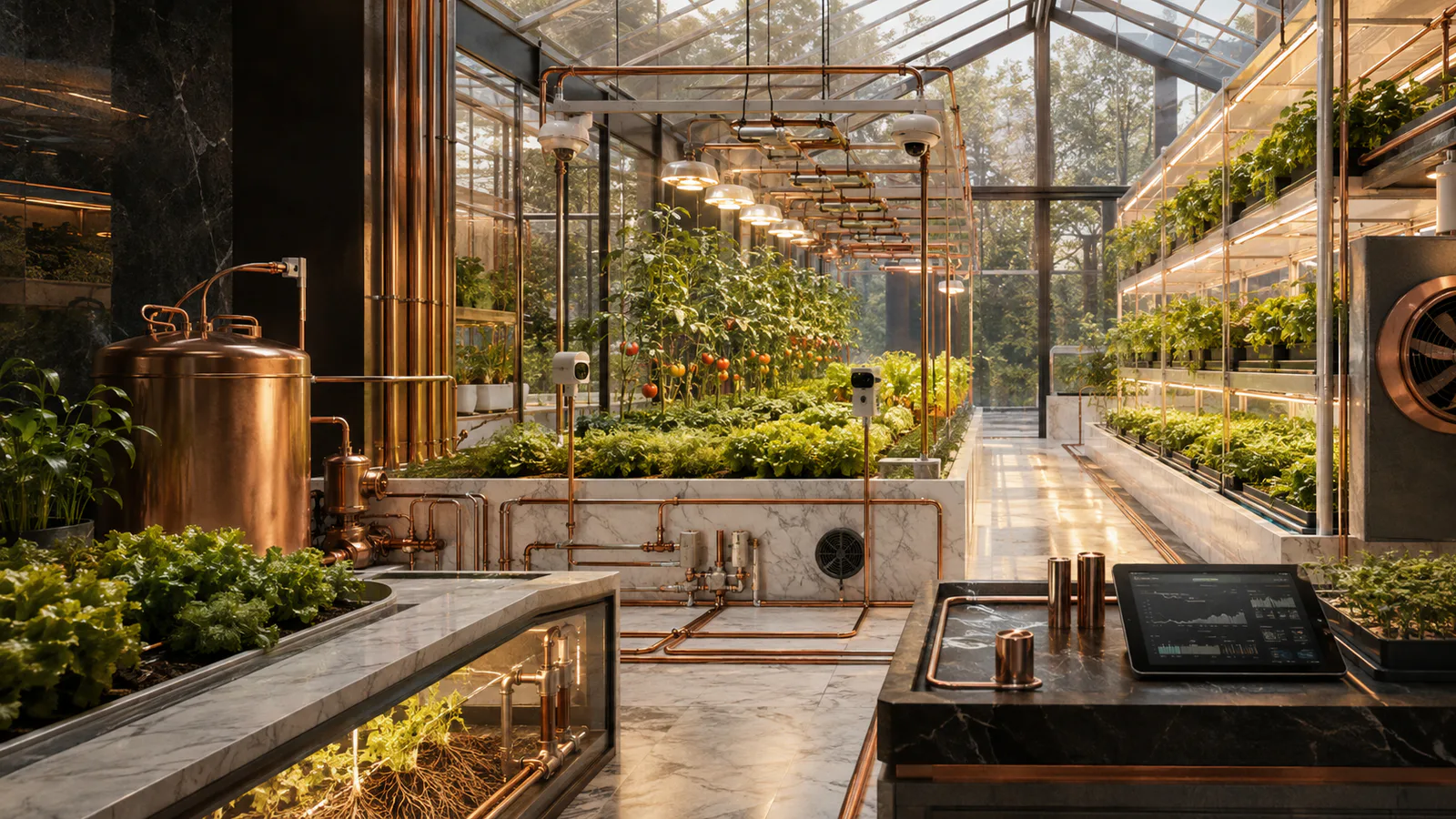 A controlled growing environment connected through sensing, water, equipment, and crop records