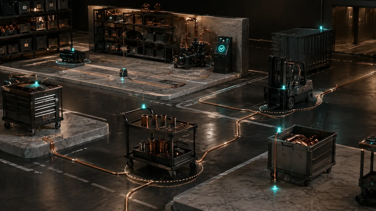 Mobile industrial assets moving through monitored zones with visible dwell and utilization patterns